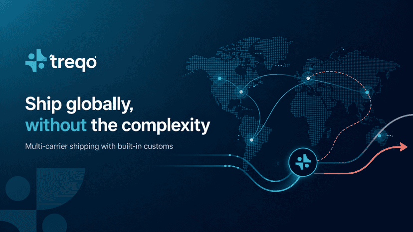 Treqo logo with shipping routes connecting cities on a world map
