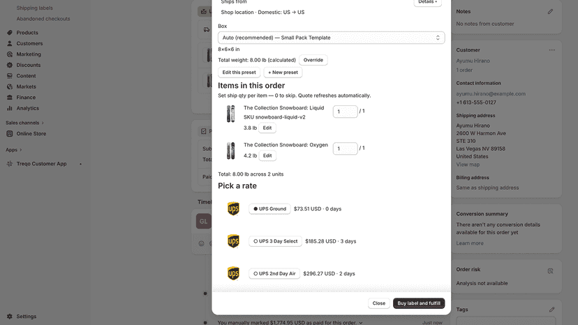 Ship with Treqo modal showing partial-fulfillment rate options