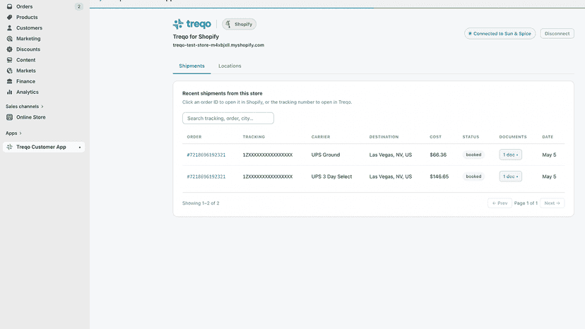 Treqo embedded admin showing recent Shopify shipments