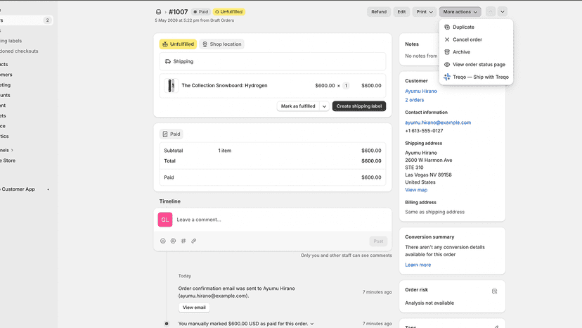 Ship with Treqo entry point in Shopify order More actions menu