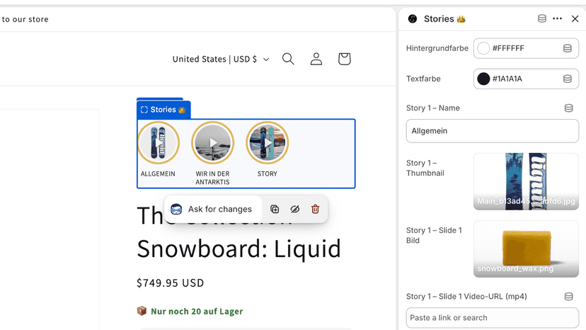 Stories Block Bearbeitung im Dawn Theme Editor