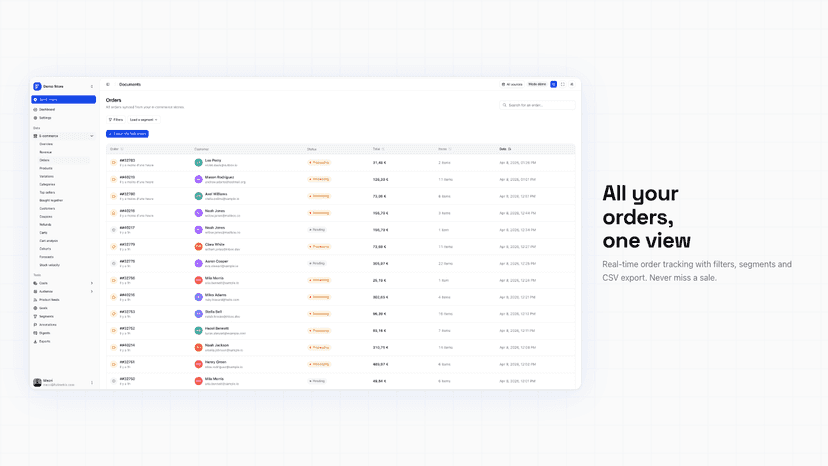 Real-time order tracking with status filters and export