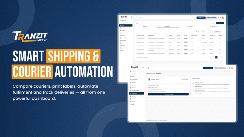 Tranzit shipping software dashboard with order sync and courier