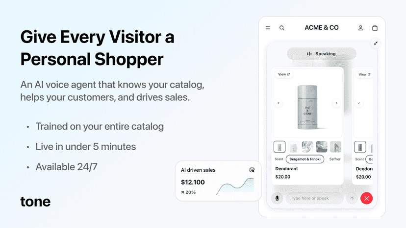 Tone voice AI widget with product recommendations and revenue