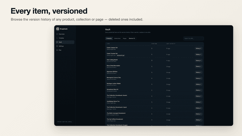 Vault lists every protected item with its version history