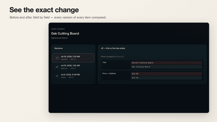 Visual before and after diff of a product title and price