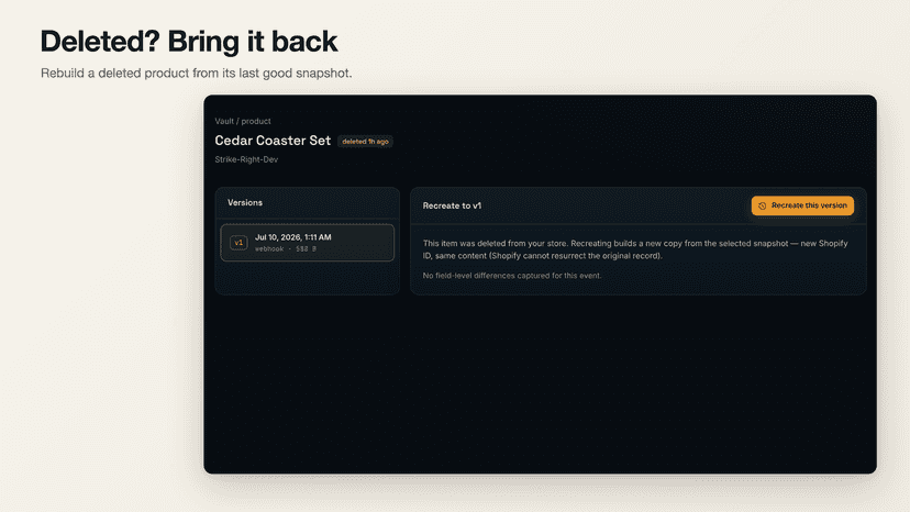 Deleted-item recovery rebuilds a product from its snapshot