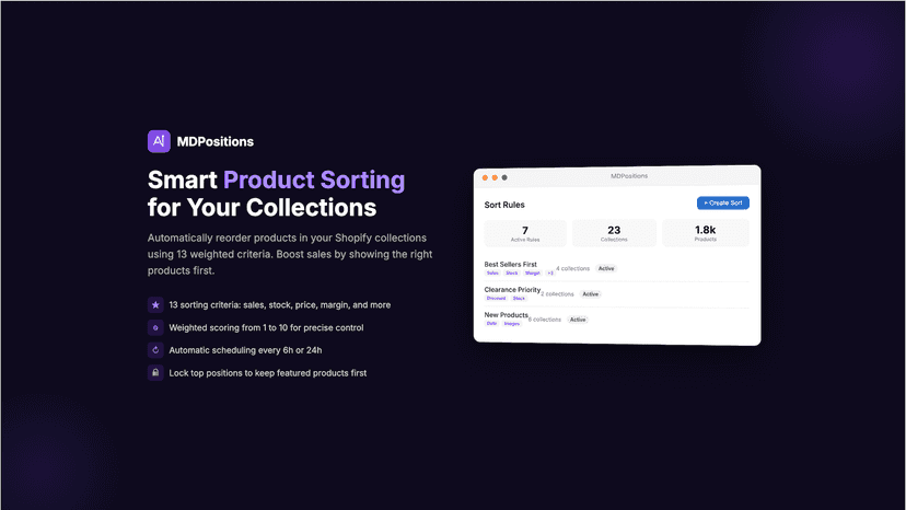 MDPositions app - Smart product sorting for Shopify collections