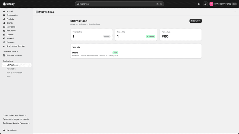 MDPositions dashboard - sort rules list with active sorts