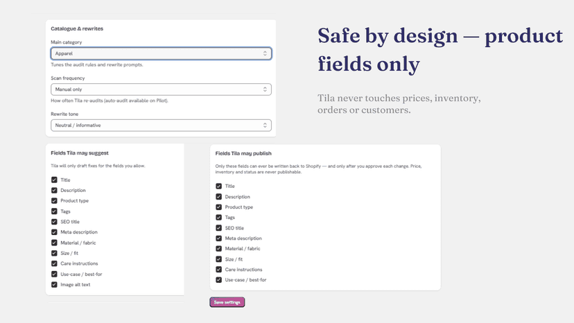 Tila settings showing which product fields it may edit.