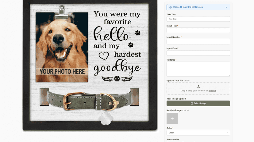 Storefront view of custom file upload and text fields