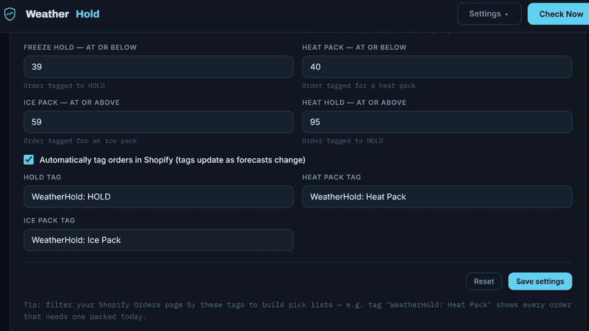 WeatherHold settings panel with tag configuration and a toast co