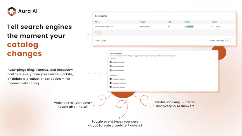 IndexNow auto-ping toggles for product create, update, delete