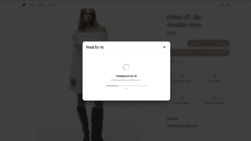 Try-on processing screen with progress bar at 30%