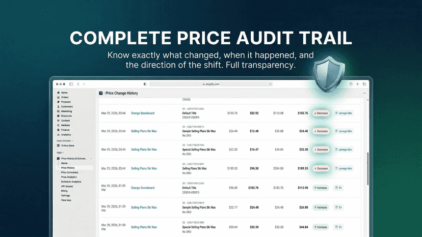 Complete pricing audit trail and change history table.