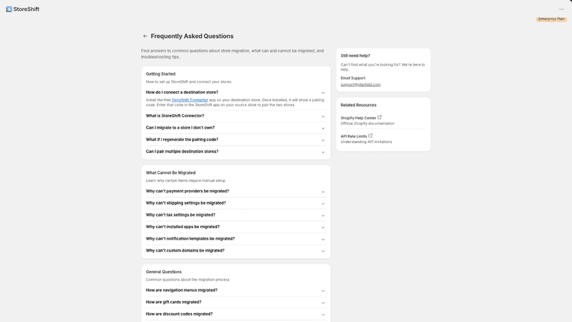 StoreShift FAQ page with setup and migration questions