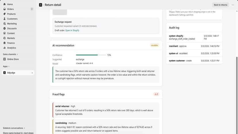 AI reasoning and fraud signals on Adjudge return detail