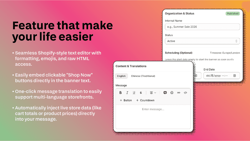 Rich-text editor for banners with formatting and translation.