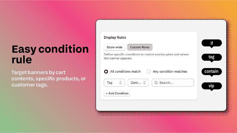 Display rules interface for targeting banners by cart or tags.
