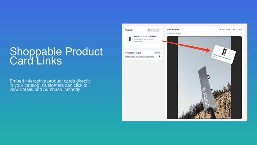 Shoppable product cards embedded in digital catalog