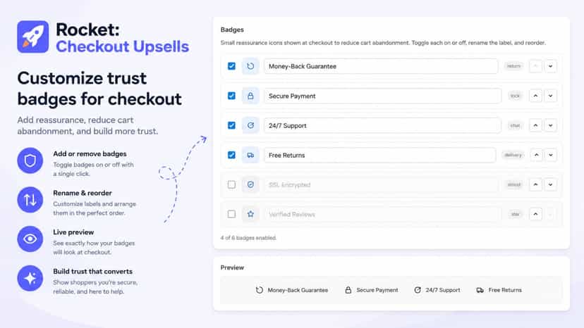 Trust badges setup with toggle, reorder and preview