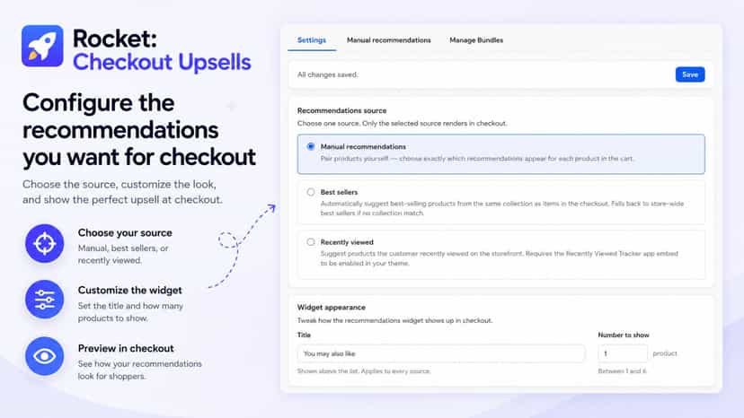 Recommendations settings: manual, best sellers, recently viewed