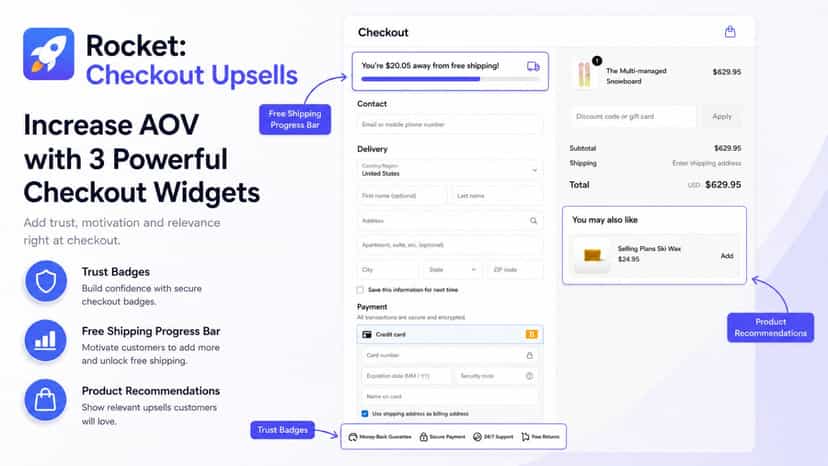 Checkout widgets: shipping bar, recommendations, and trust badge