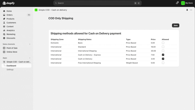 Enable COD on selected shipping methods