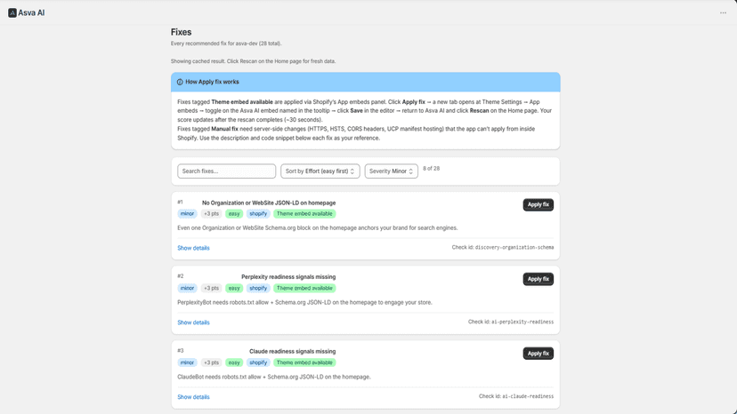 Asva AI Fixes page with severity, impact, effort, and Apply fix