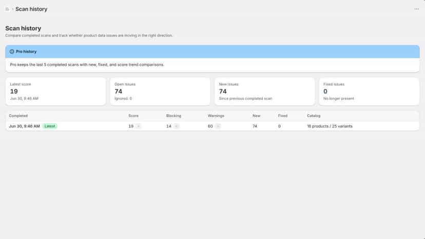 Scan history with issue trend summary