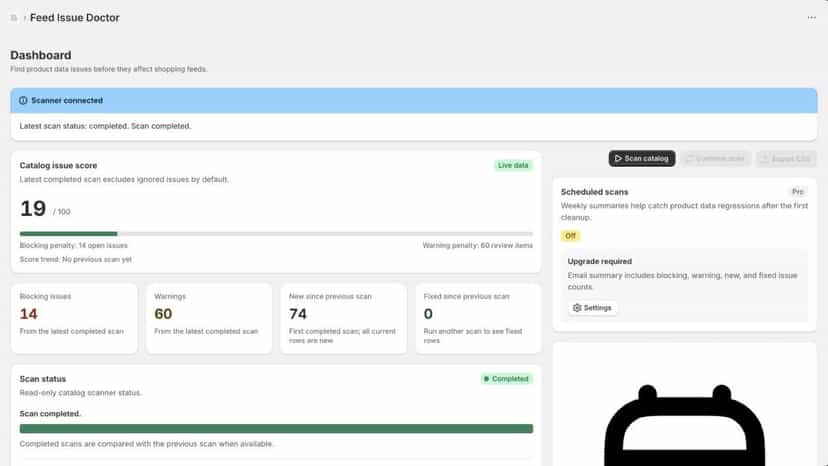 Dashboard showing completed product data scan