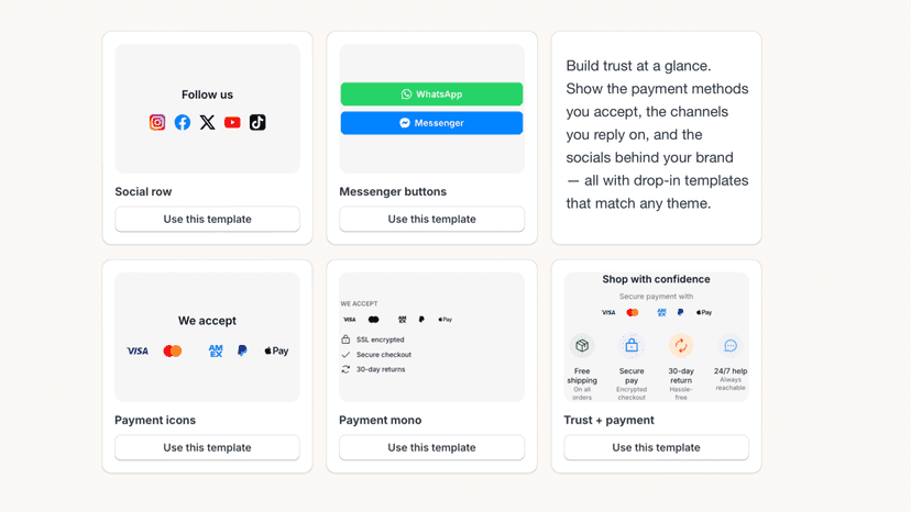 Trust badge, payment, and social media templates