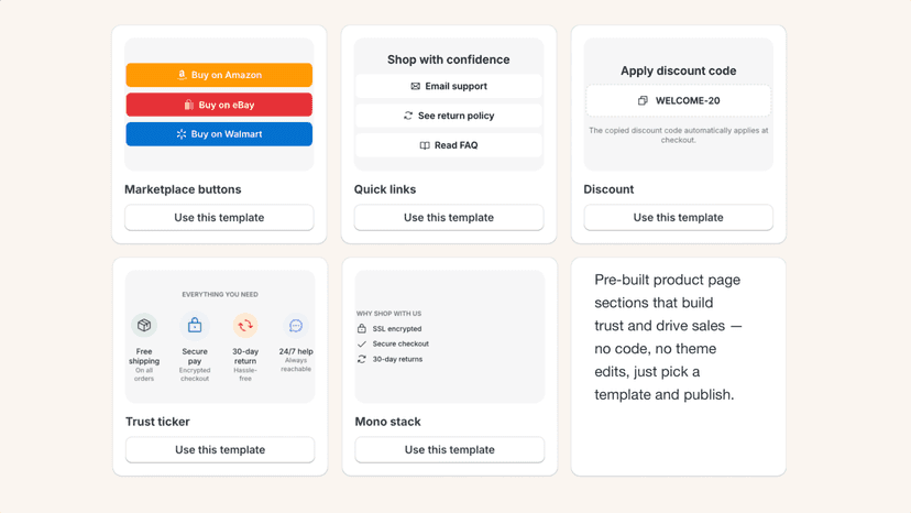 Shopify product page section template gallery