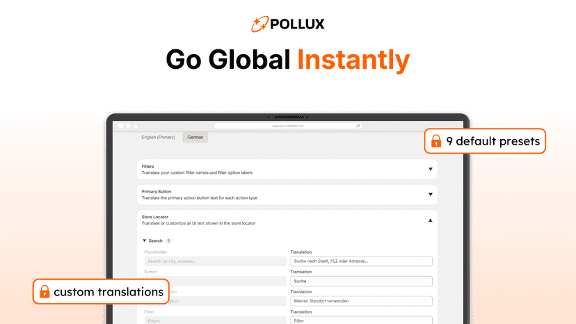 Multilingual store locator with 9 language presets.