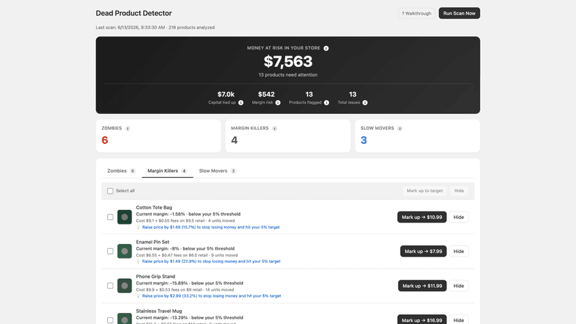 Margin Killers tab with the exact mark-up price per product