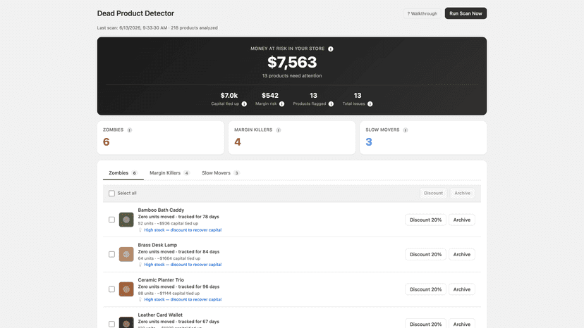 Money at Risk dashboard with capital tied up and items flagged
