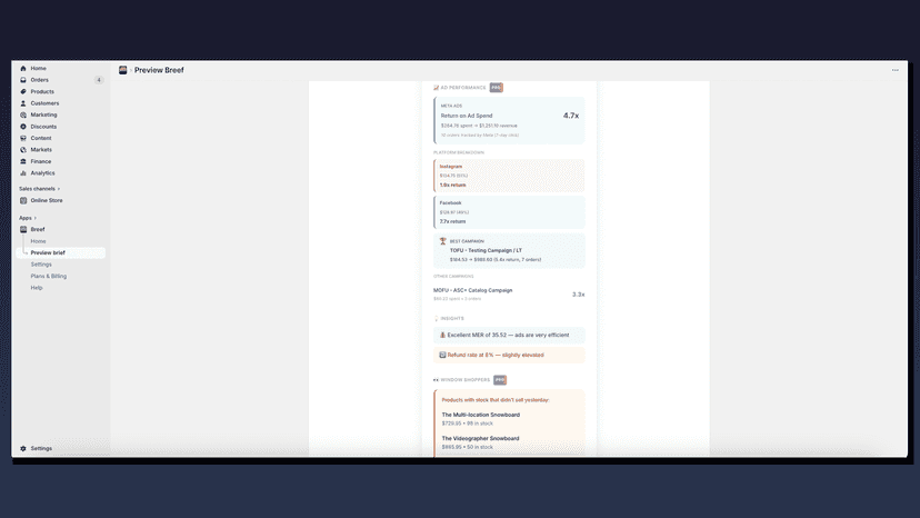 Ad performance breakdown with platform-level ROAS
