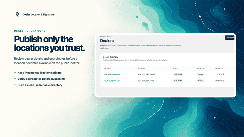 Dealer directory with verified published dealer records