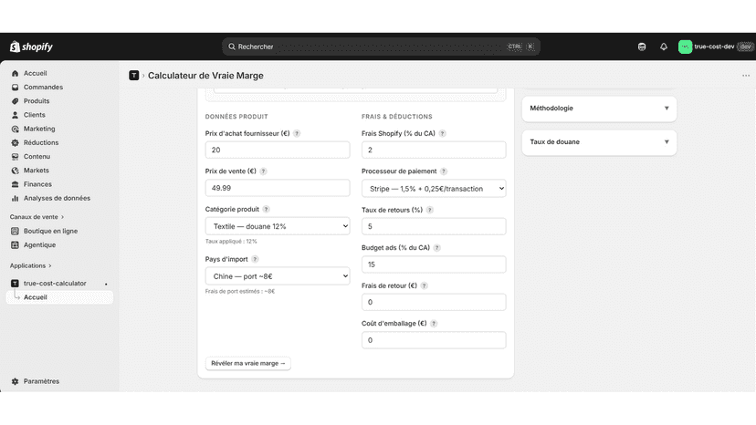 Interface du calculateur de marge True Cost Calculator
