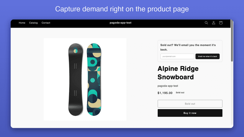 Back-in-stock signup widget on a sold-out product page