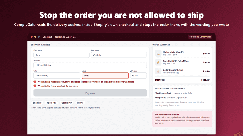 ComplyGate blocking a Utah shipping address at checkout