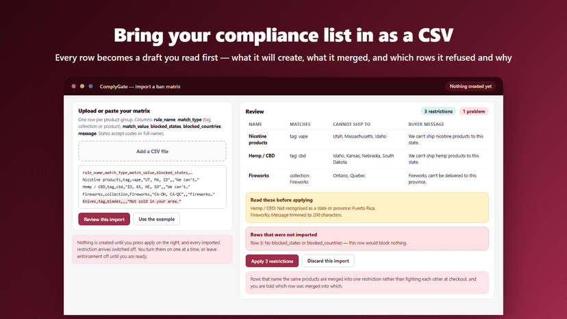 CSV ban matrix reviewed row by row before anything is created