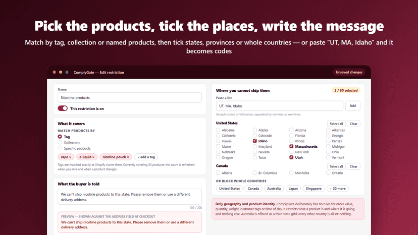 Restriction editor: tag matches, US state grid, buyer message
