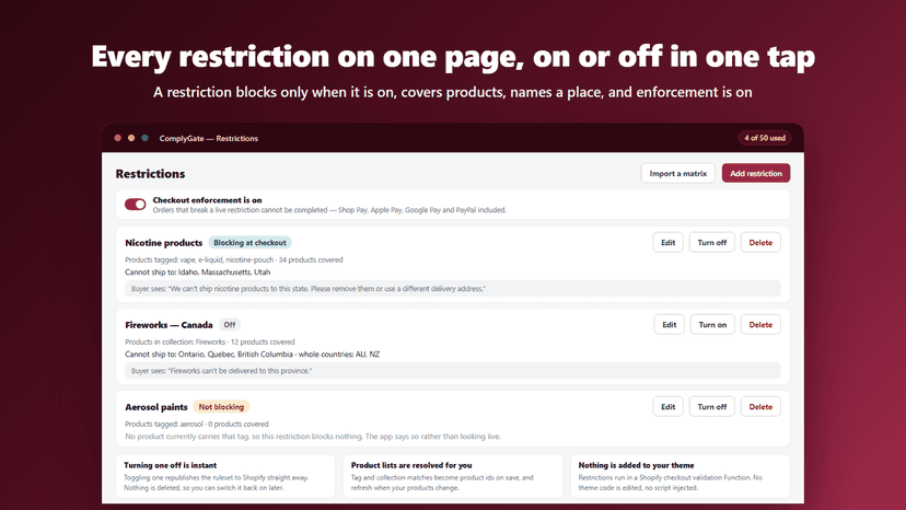 Restrictions list with what each blocks and its live status