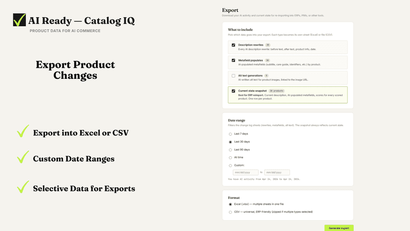Export AI activity to Excel or CSV with date range options