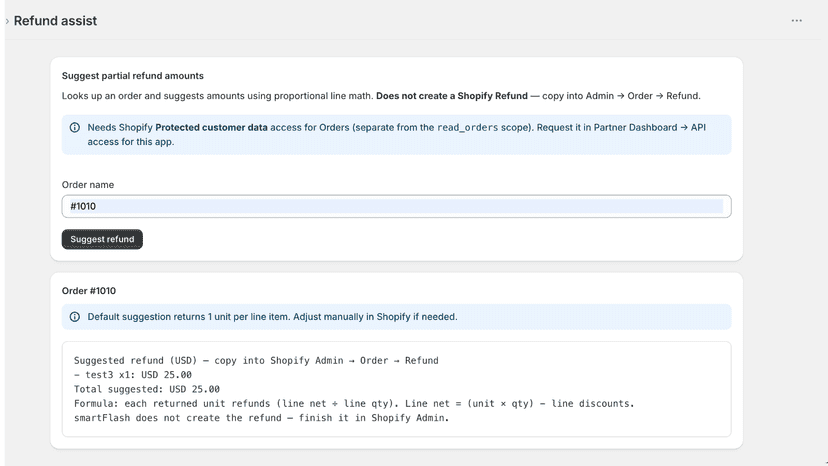 Refund assist suggesting amounts for order 1010