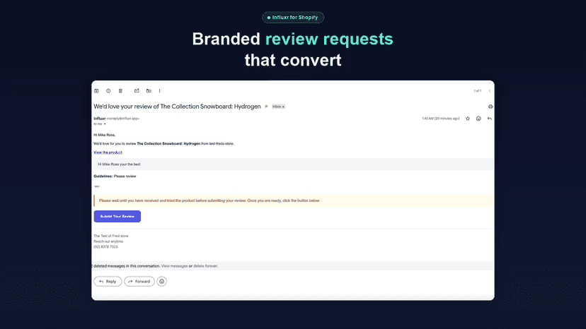 Branded review request email received by influencer