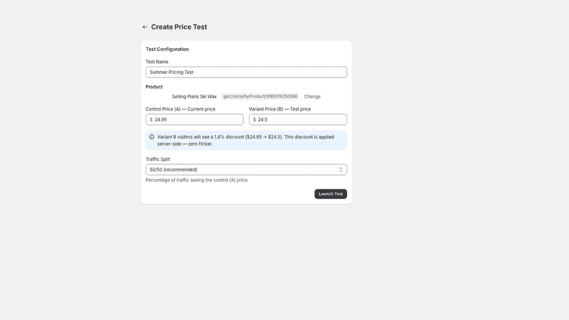 Create A/B price test with product selection and pricing