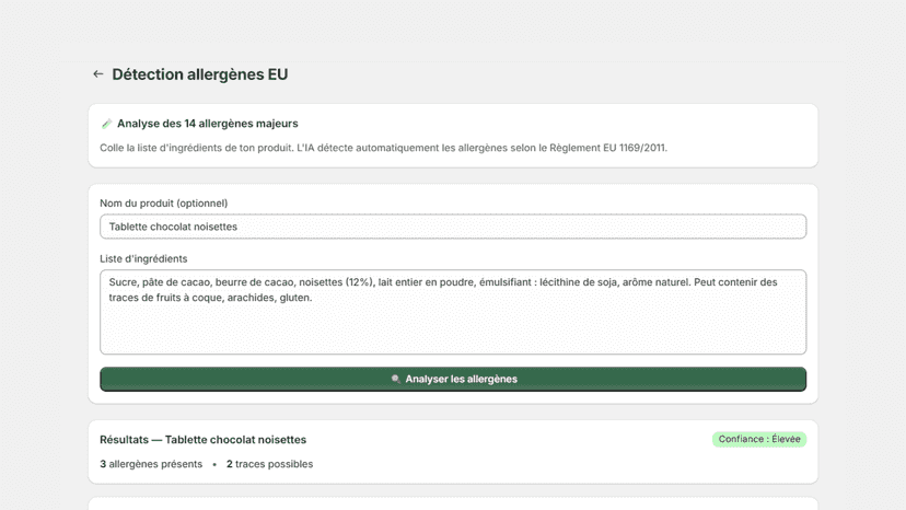 Détection allergènes — résultats tablette chocolat