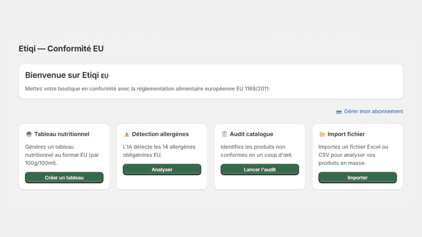 Etiqi app home screen showing four features: EU nutrition table